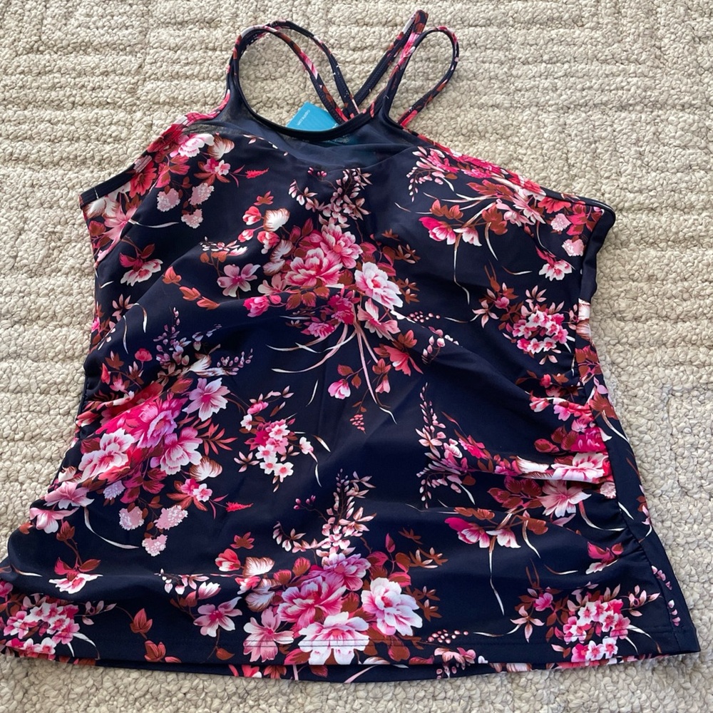 Cupshe Navy Floral Tankini Top with Pink and White Blossoms - Picture 1 of 6